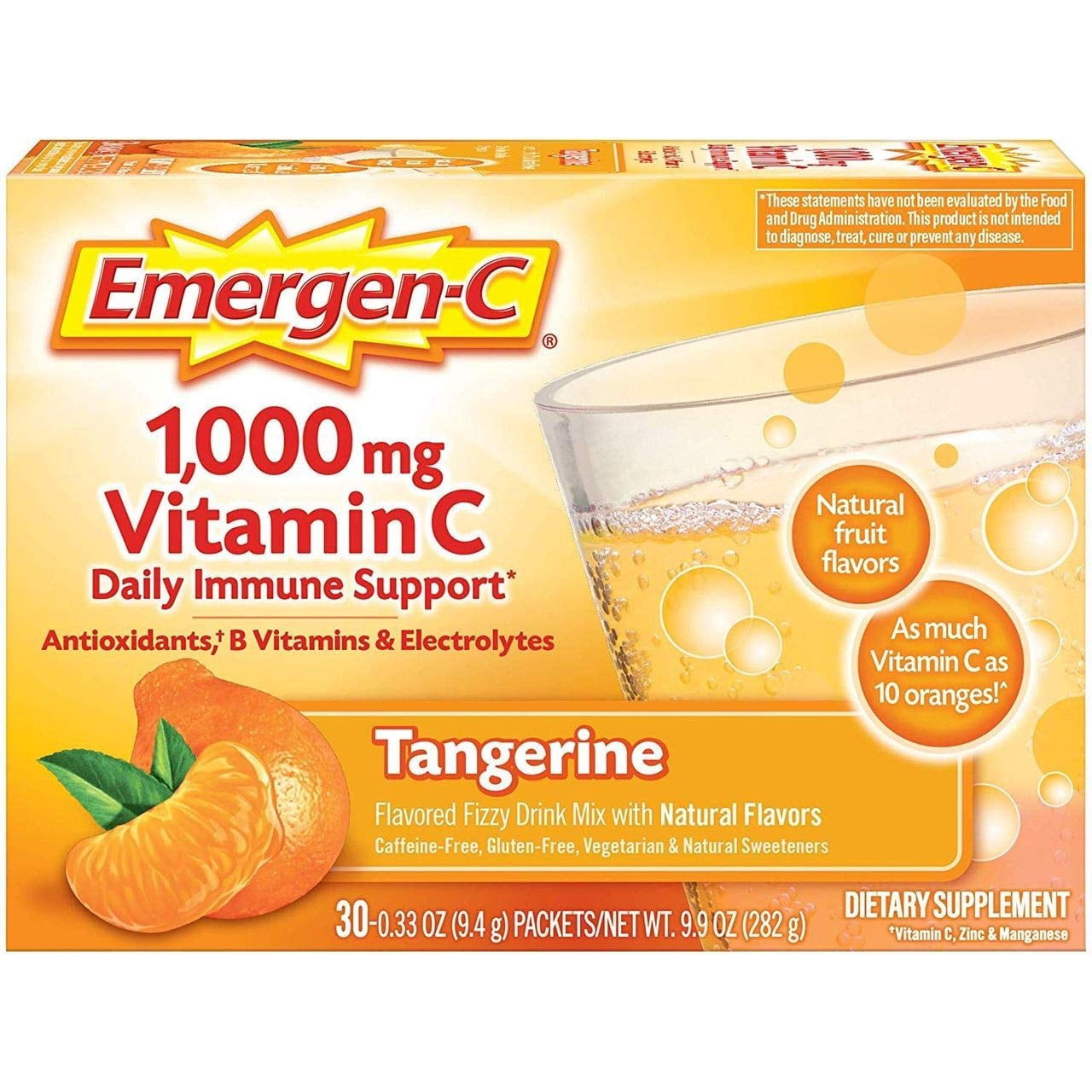 (3 pack) Emergen-C 1000mg Vitamin C Powder for Daily Immune Support with Zinc and Manganese, Tangerine, 30 Count