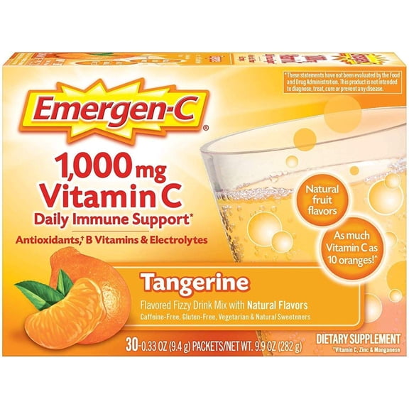 Emergen-C 1000mg Vitamin C Powder for Daily Immune Support with Zinc and Manganese, Tangerine, 30 Count