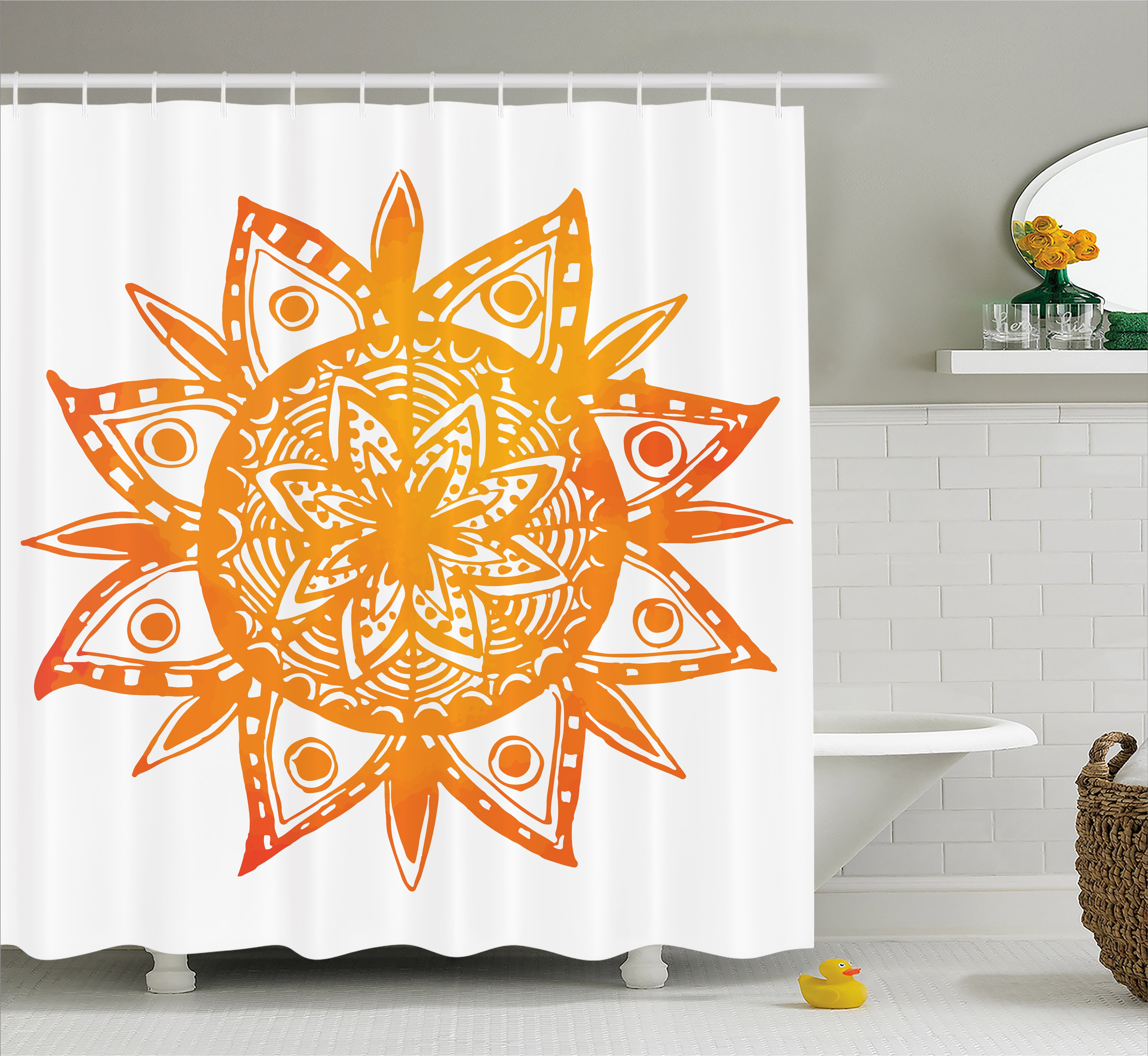 Orange Shower Curtain Watercolor Style Hand Drawn Sun Figure Tribal Ethnic Mandala Artistic Asian Print Fabric Bathroom Set With Hooks 69w X 70l
