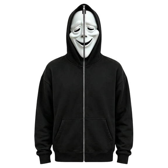 Halloween Ghost Mask Full Zip Hoodie, Black Pocketed Long Sleeve Sweatshirt Costume Outerwear for Men Women