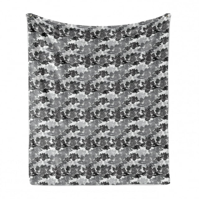 Botanical Soft Flannel Fleece Throw Blanket, Water Lily Leaves Flowers on the Lake Lotus Blooms Nature Design, Cozy Plush for Indoor and Outdoor Use, 60" x 80", Charcoal Grey and White, by Ambesonne