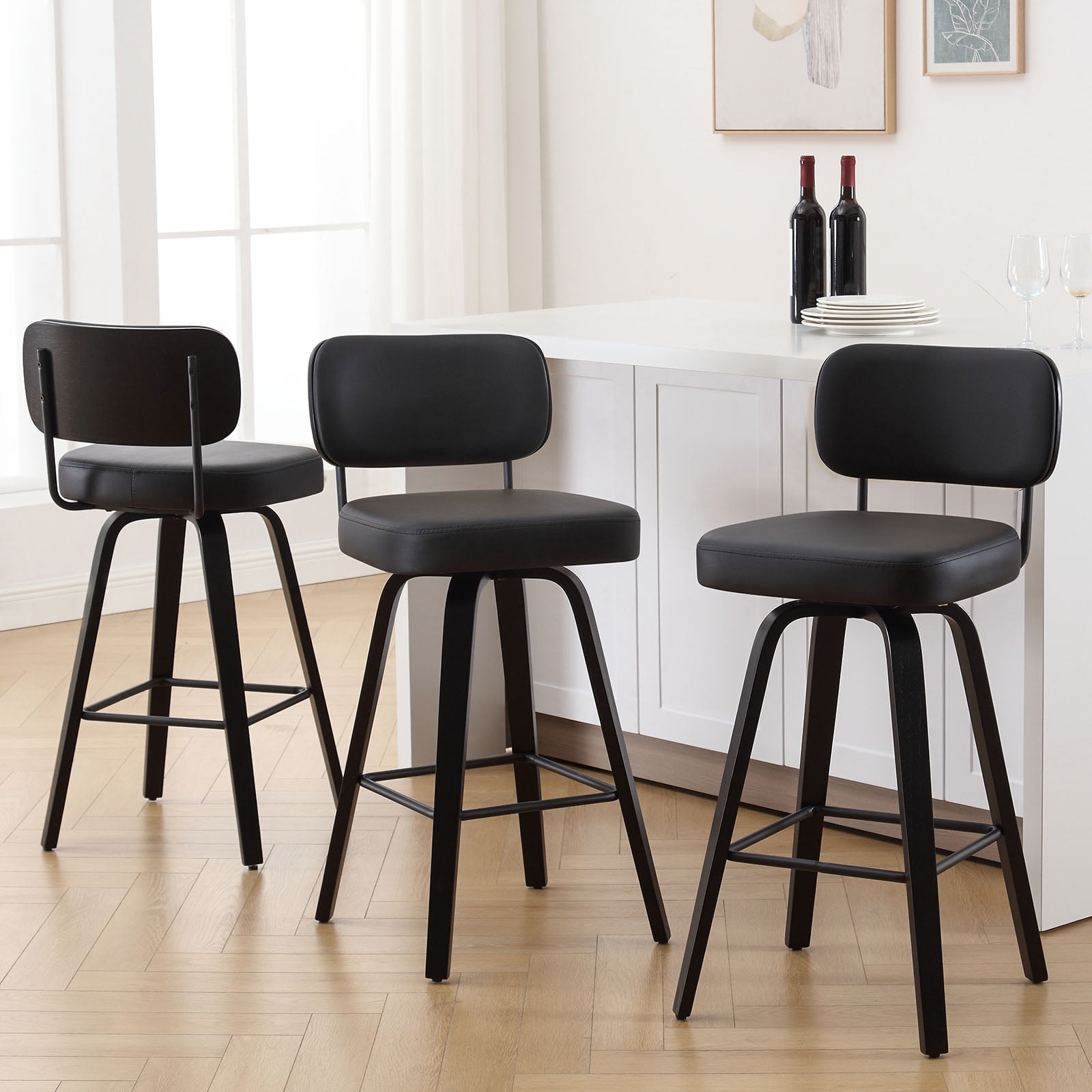 Swivel Counter Height Bar Stools, Set of 1, 29" Upholstered PU Leather Barstools with Back Wood Legs, Mid Century Modern Bar Chair Island Stool for Kitchen Counter, Black