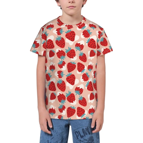 Fuzoiu Red Strawberry Print Youth Short Sleeve T-Shirt,Youth Dry-Fit Active Athletic T-Shirt,Short Sleeve Tops Tees for School, Sports, and Casual Wear