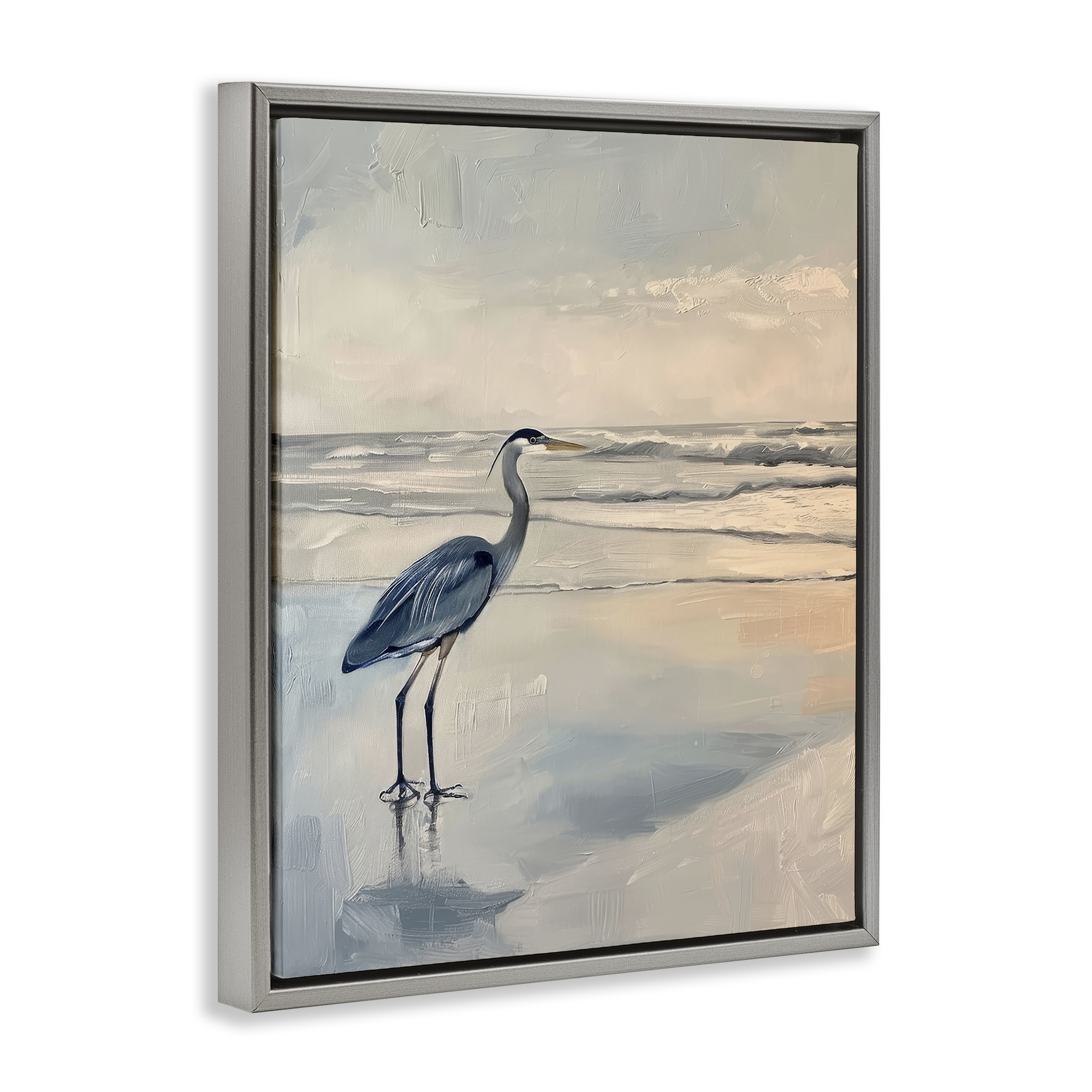 Stupell Industries Heron on Classic Coast Nautical & Beach Painting Gray Floater Framed Canvas Art Print Wall Art, 17 x 21