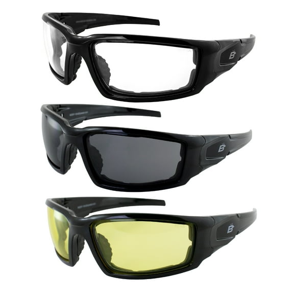 Birdz Eyewear Osprey Foam Padded Safety Motorcycle Sunglasses 3 Pairs Black Frames with Clear Smoke & Yellow Lenses