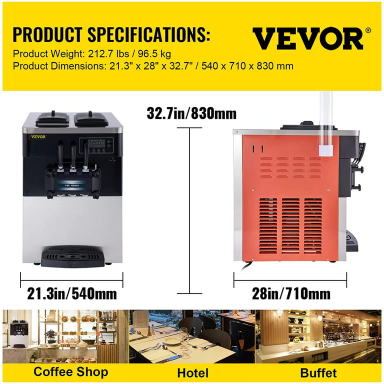 VEVOR 2200W Commercial Ice Cream Machine 20 To 28L or 5.3 To 7.4Galper Hour  Soft Serve Ice Cream Maker with LED Display Auto Shut Off Timer 3 Flavors  Perfect for Restaurants Snack