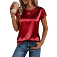 thumbnail image 2 of yillto Women Silky Satin Tops Cap Short Sleeve Blouse Round Neck Pleated Shirts Business Casual Outfits S-2XL, 2 of 7
