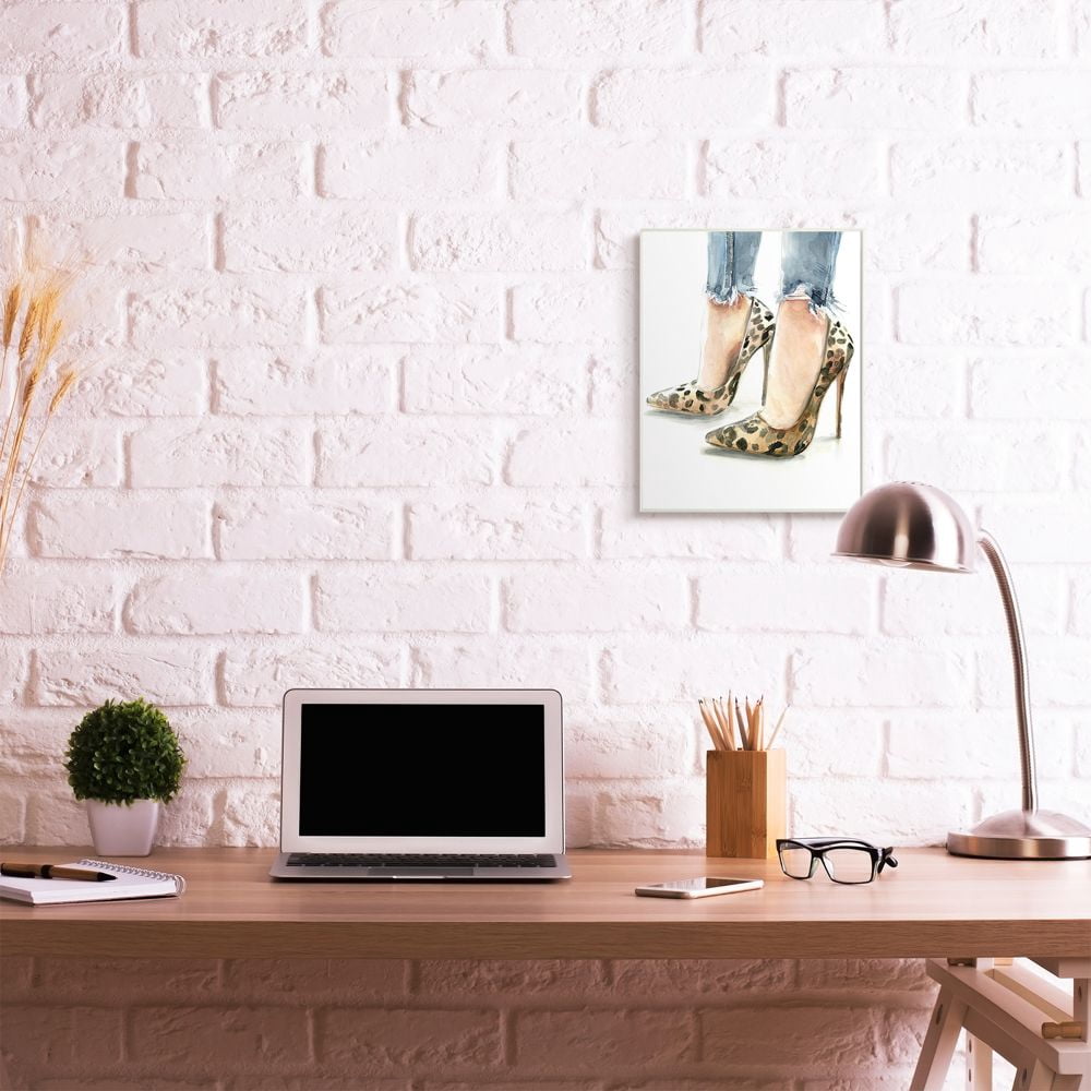 Stupell Industries Cheetah Print Heels Women's Distressed Denim Painting Wall Plaque Design by Jennifer Paxton Parker, 13" x 19"
