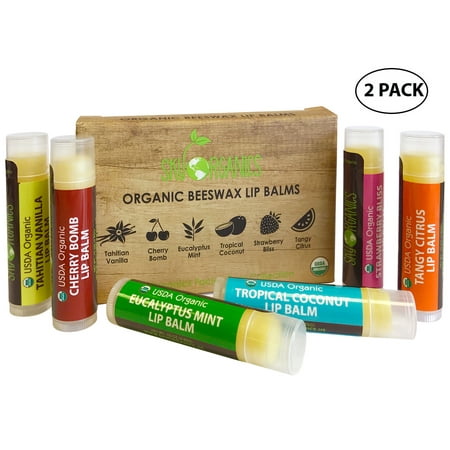 USDA Organic Lip Balm by Sky Organics (2 pack) – 6 Pack Assorted Flavors –- With Beeswax, Coconut Oil, Vitamin E. Best Lip Plumper Chapstick for Dry Lips- For Adults and Kids Lip Repair. Made In