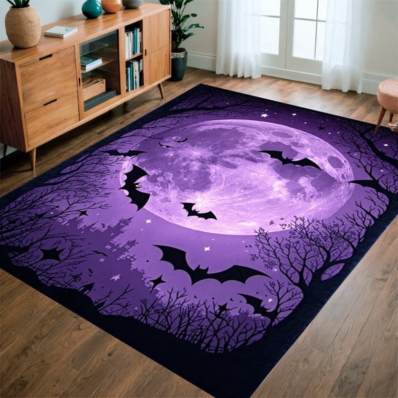 ODIKA 4'x6' Machine Washable Non-Slip Area Rug, Midnight Flight Ethereal Bat High Traffic Rug, Purple, 197197