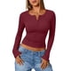 thumbnail image 2 of Camisetas de Larga para Mujer, Estilo Henley, Informales, para Otoño Tops Ajustados, Camisetas Básicas de Canalé Rojo Vino M, 2 of 8