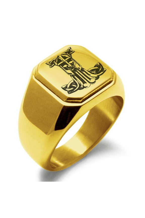 Stainless Steel Thor's Hammer Mjolnir Celtic Viking Rune Engraved Square Flat Top Biker Style Polished Signet Ring
