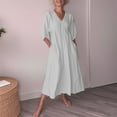 thumbnail image 4 of Miqool Womens Plus Size Cotton Linen 3/4 Sleeve Maxi Dress V Neck Pleated Casual A Line Flowy Long Dress Cocktail Dresses with Pockets, 4 of 9