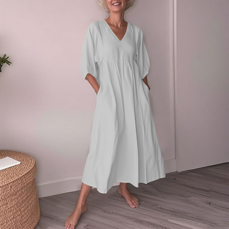 Srogem Cotton Linen Dress for Old Women Plus Size Short Sleeve V Neck Maxi Dress Summer Beach Swing Dresses with Pockets, Women's, Size: Small