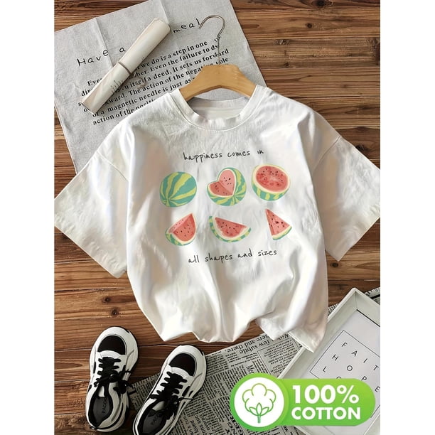 This short-sleeve round-neck T-shirt features a watermelon print, embodying various forms of joy. Made from 100% Cotton, it's perfect for summer sports