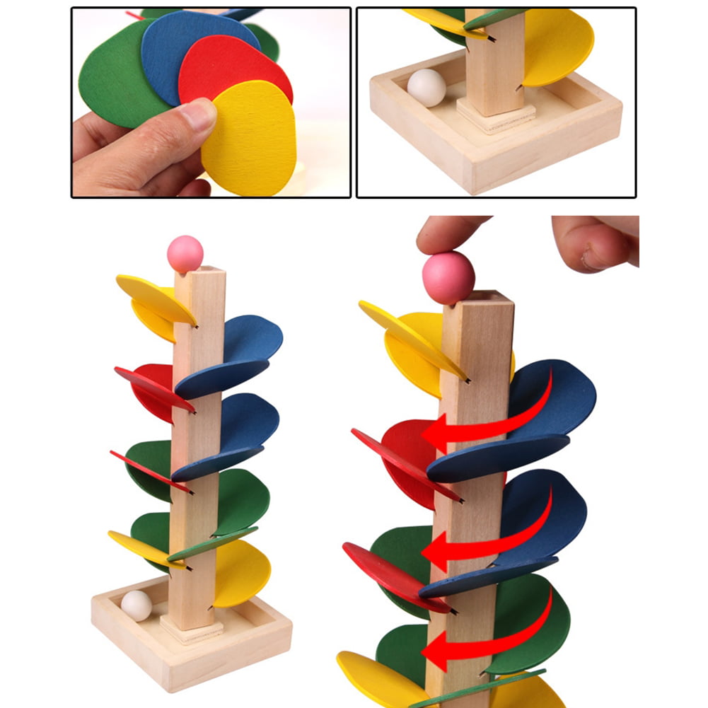 Montessori Kids Educational Toy Blocks Wood Tree Marble Ball Run Track Games 