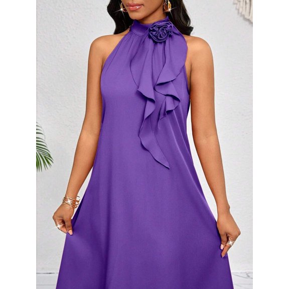 Purple Halter Neck Midi Dress With 3D Flower And Cascading Ruffle Detail, Loose Elegant Fit For Spring Summer