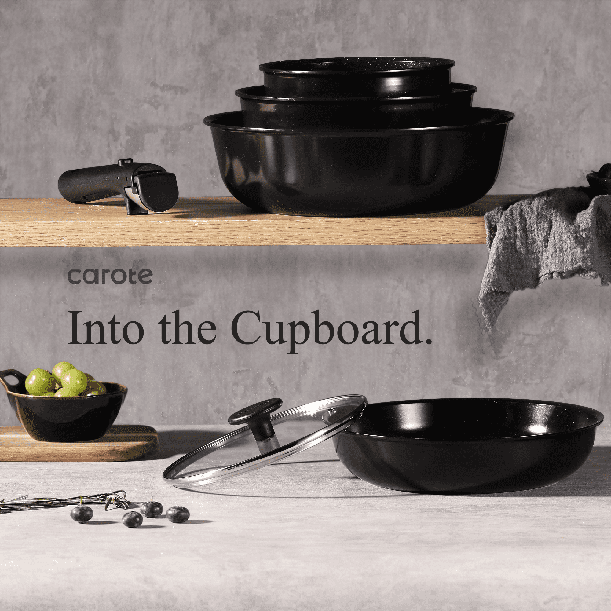 Carote Ceramic Cookware Sets, 13 Pcs Pots and Pans Set with Detachable Handle, Black  (图5)