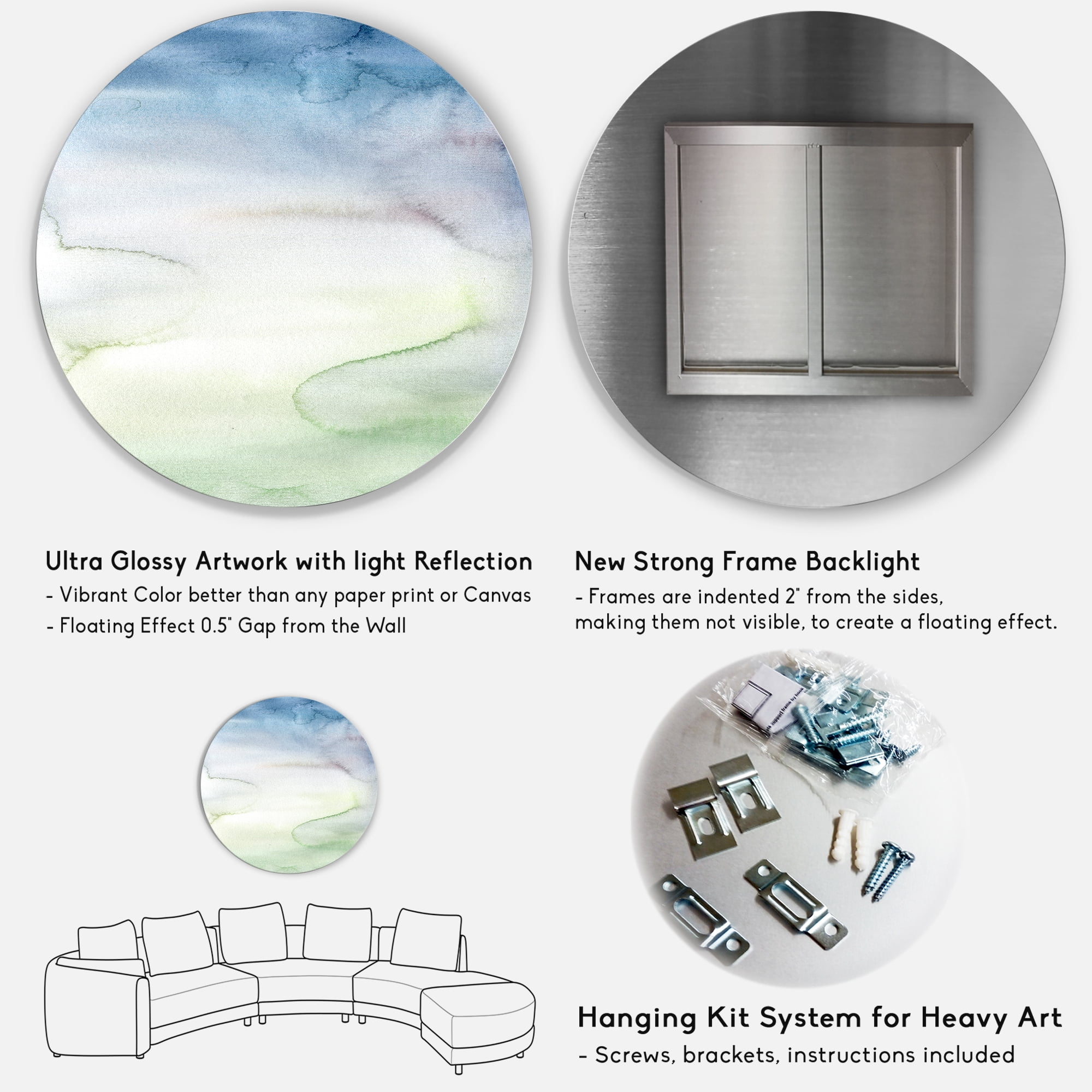 Designart 'Pastel Abstract With Green Dark Blue and White Spots' Modern Circle Metal Wall Art 36x36 - Disc of 36