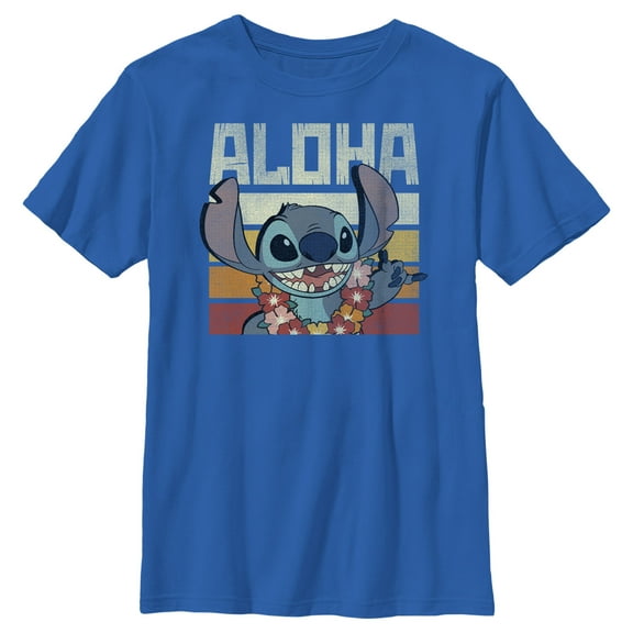 Boy's Lilo & Stitch Aloha Distressed Stitch Graphic Tee Royal Blue Large