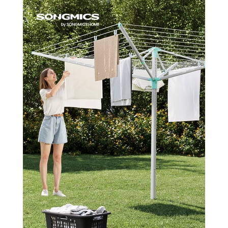 Retractable Outdoor Umbrella Drying Rack - Height Adjustable,197 ft Clothesline Holds 6 Laundry Loads,Features Ground Spike & Cover,Silver & Green.
