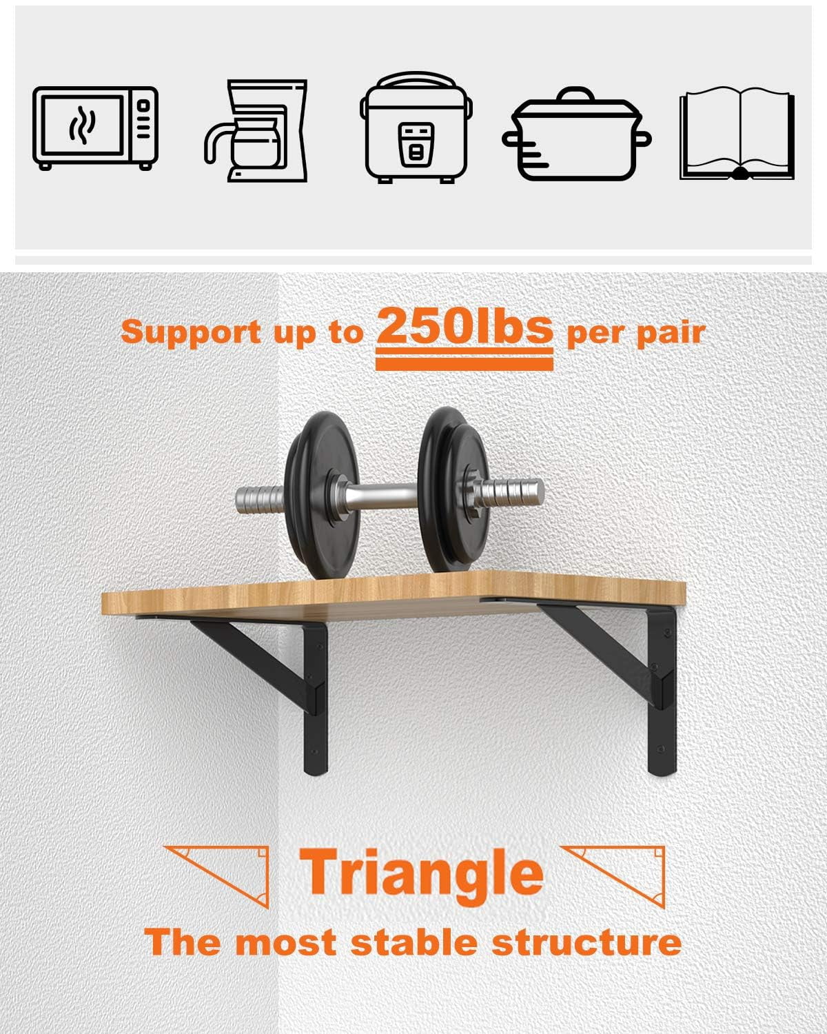 12-pack Heavy Duty Shelf Bracket 8 Inch  Wall Fit For 8 10 Floating Shelves L Brackets With 90 Degree Triangle 250 Lbs Max Load Mounting Hardware Included Black
