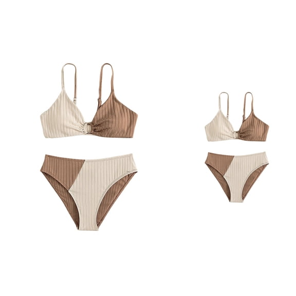 Toddler Girl 2-Piece High Waist Bikini Swimsuit Set Colorblock Ring-Linked Ribbed Knit Bathing Suit