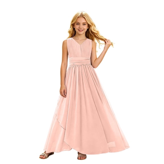 Bobifish Toddler Girls Formal Dress V Neck Sleeveless Pleated Floor-Length Evening Party Gown Children Girls Flowy Dresss