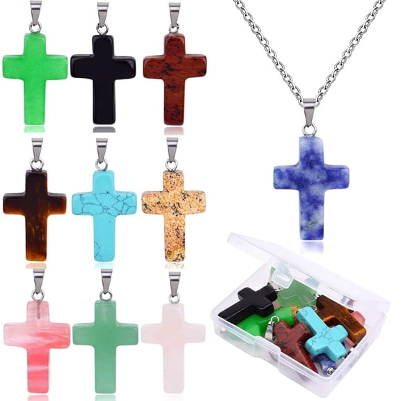 10pcs (10 Colors) Natural Stone Cross Pendant Healing Crystal Quartz Stone Charms Chakra Gemstone Pendants with a Box for DIY Necklace Earring Jewelry Making