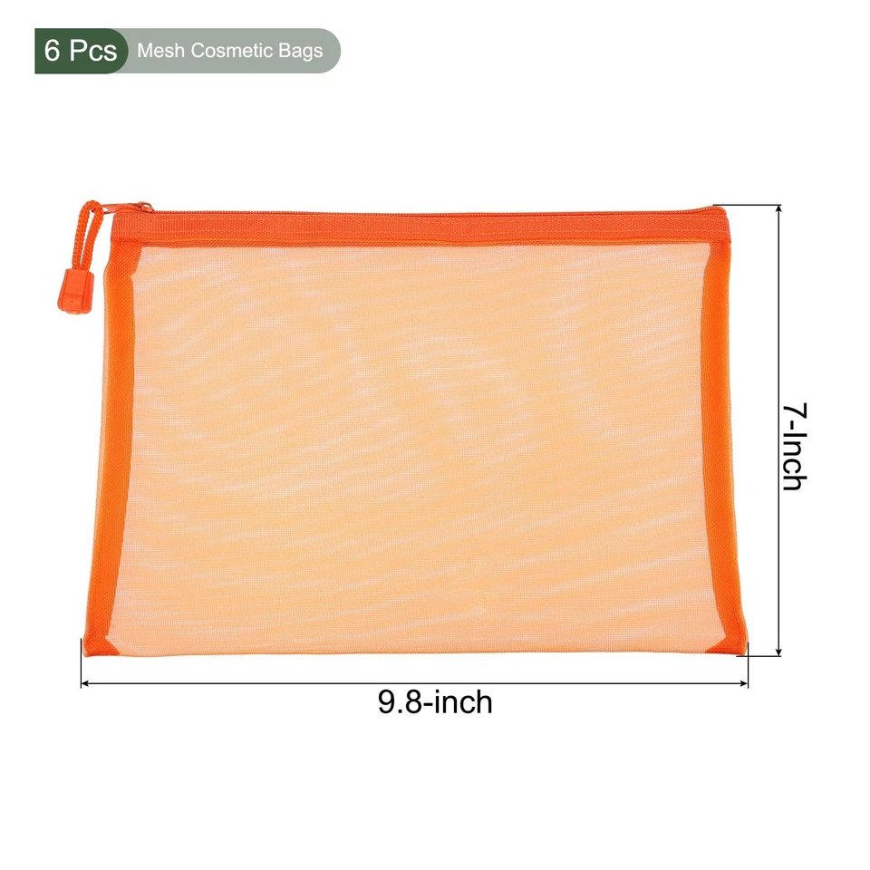 6 X Mesh Cosmetic Bags A5 Nylon Pencil Cases Zipper Travel Organizers Orange