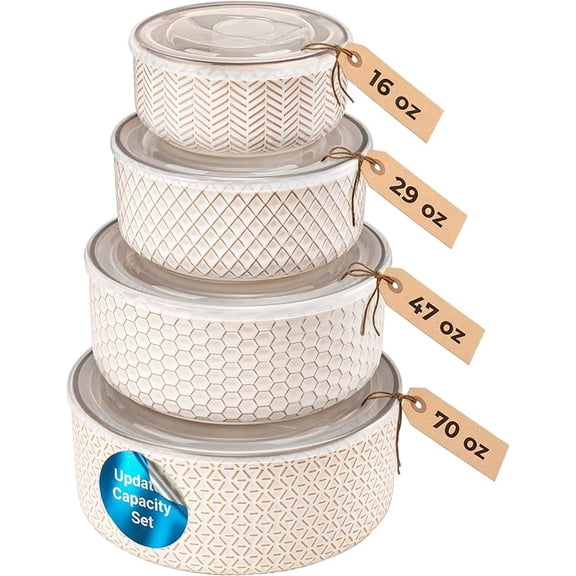 Serving Bowls, with Lids, Ceramic Mixing Bowls, Nesting, Set of 4, Embossed, Kitchen, Prep, Stackable, Mix, Gift, Microwave and Dishwasher Safe, 16/29/47/70 oz, Narbonne Collection (Ivory)