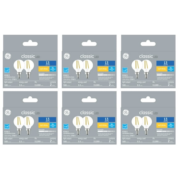 (12 bulbs) GE LED Decorative Globe, G16.5, 60 watt equivalent using only 5.5 watts, 500 lumens, 2700K Golden Soft White, Dimmable, Candelabra base, 13 year life