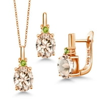 Gem Stone King 4.87 Ct Peach Morganite Green Peridot 18K Rose Gold Plated Silver Pendant and Earrings Jewelry Set