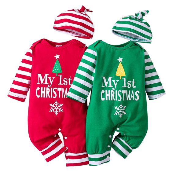 WIBACKER My First Christmas Baby Girl Boy Romper Newborn Clothes Long Sleeve Jumpsuit   Hat Infant Outfits Set