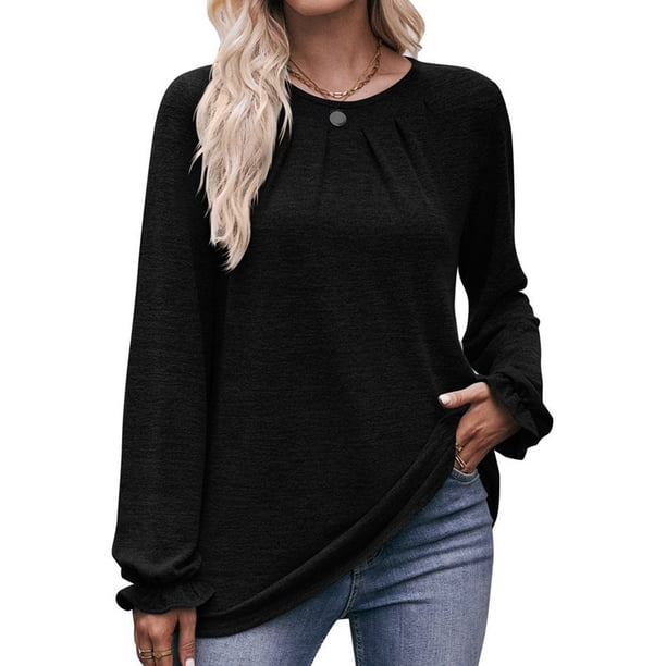 Camisas de Larga para Mujer, Moda Otoño 2025, Blusas Elegantes e Informales, Blusas Tipo Túnica Plisadas con Cuello Redondo. Negro S