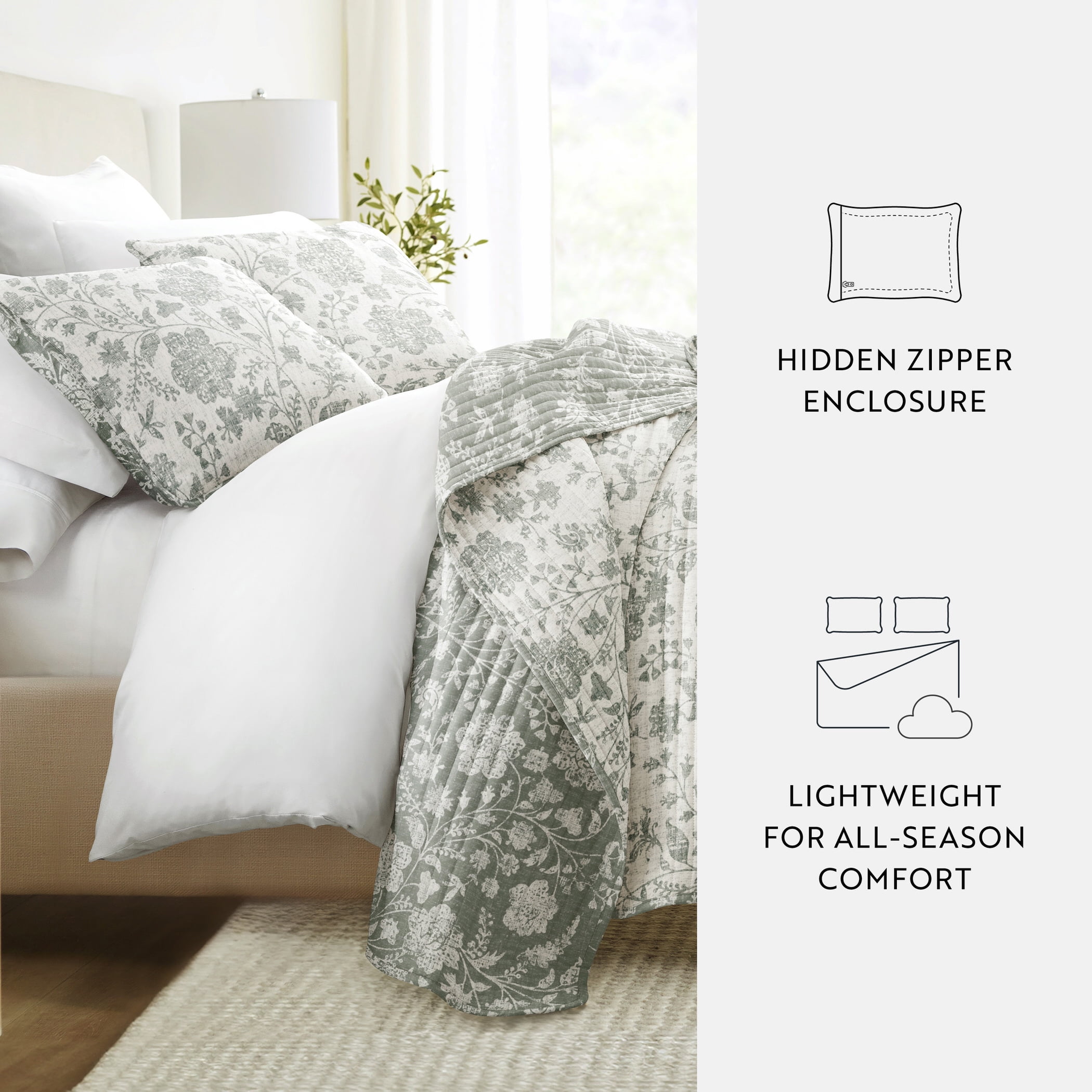 Noble Linens 3-Piece Eucalyptus Textured Floral Reversible Quilt Set, Queen