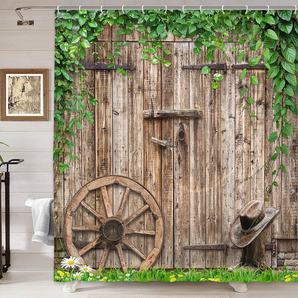 Farmhouse Rustic Shower Curtain, Country Barn Door Woodland Wildlife