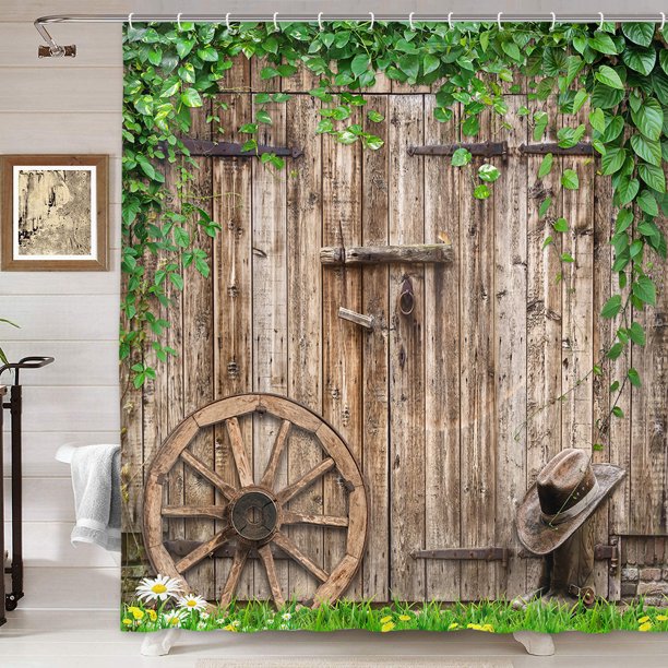 Farmhouse Rustic Shower Curtain, Country Barn Door Woodland Wildlife