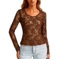 thumbnail image 4 of LEBONYARD Women's Trendy Round Neck Solid Colored Chic Lace Hollow-out Long Sleeve See-Through Slim Regular Base Layer Pullover Fashion Tops, 4 of 9