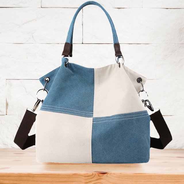 Bolso de hombro de lona Bolso de compras de gran capacidad Color de contraste para el trabajo (Azul) Sywqhk Para Estrenar