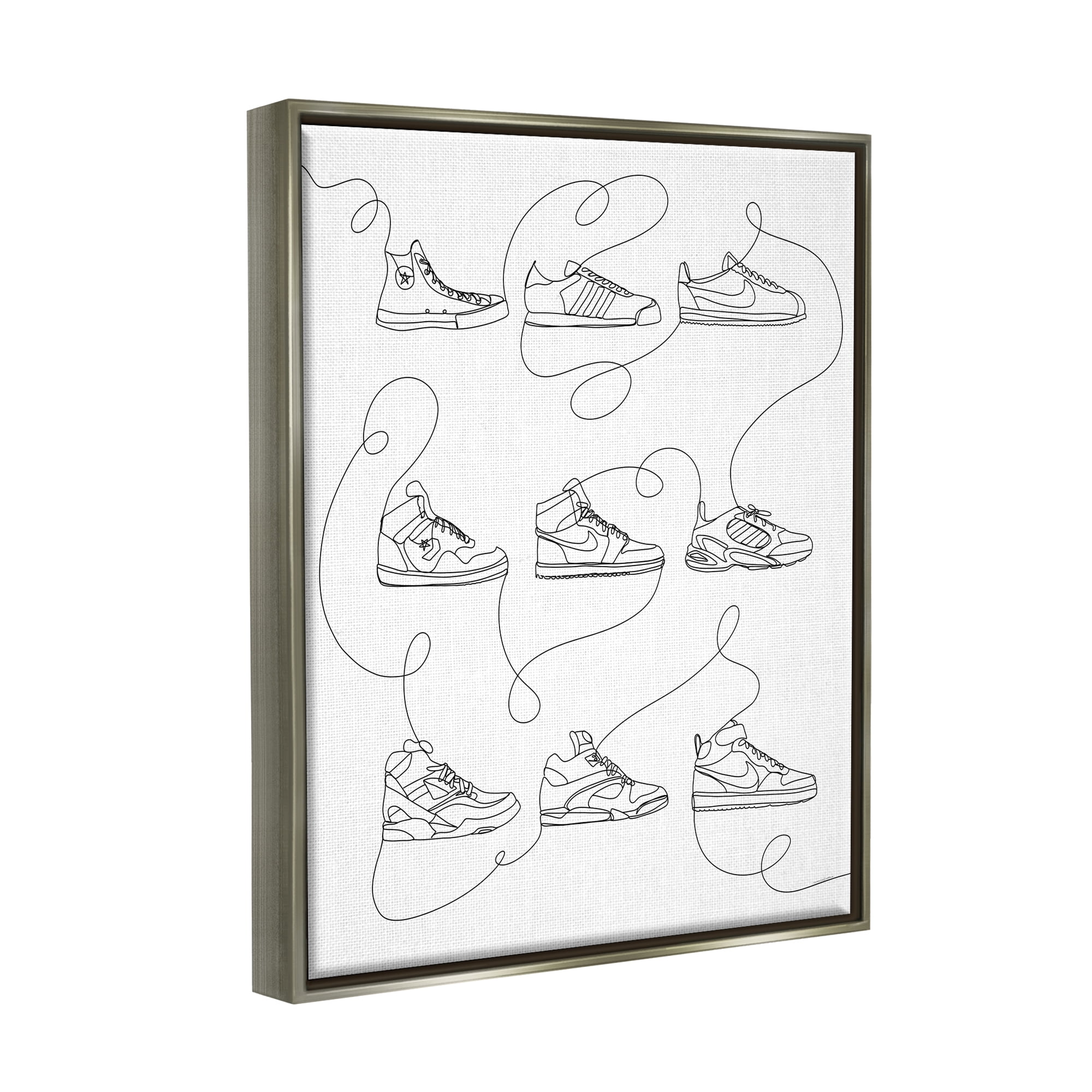 Stupell Industries Line Doodle Sneakers Beauty & Fashion Painting Gray Floater Framed Canvas Art Print Wall Art, 25 x 31