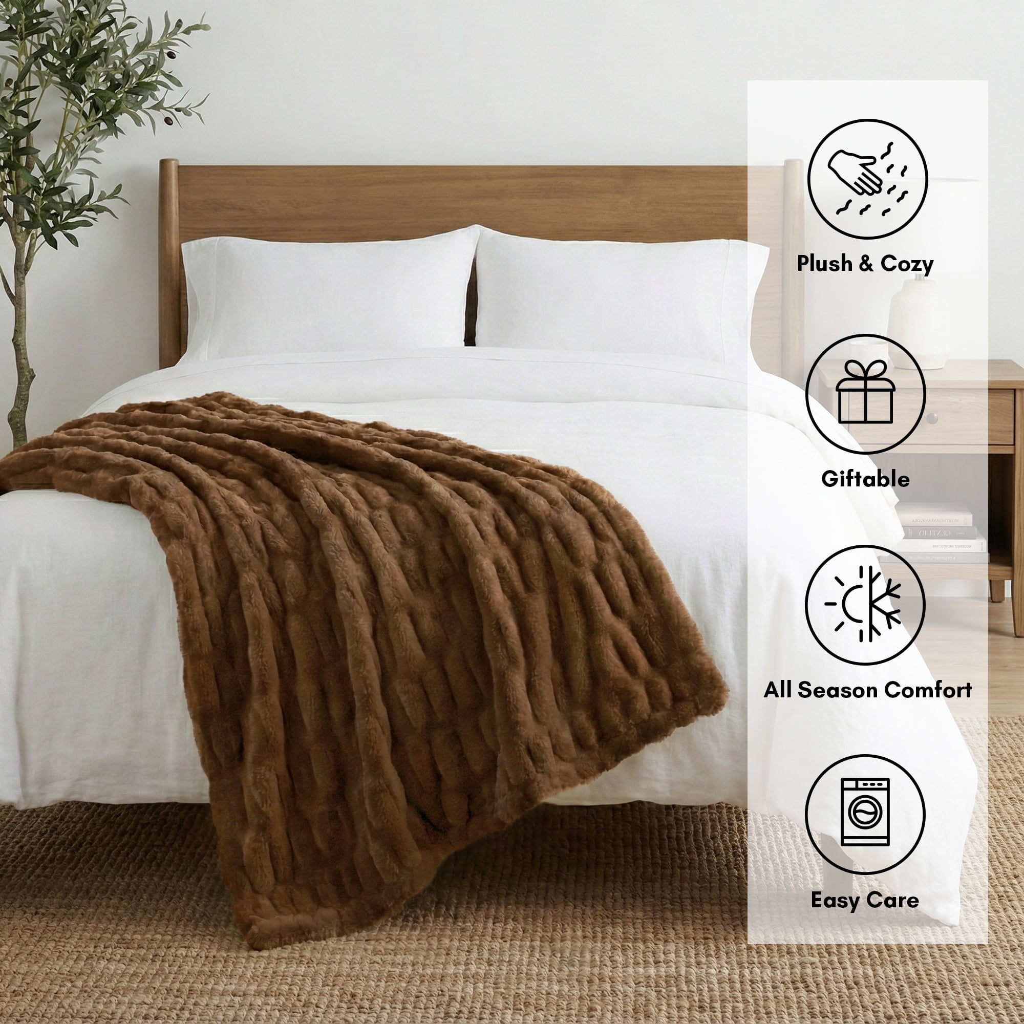 Faux Fur Throw Blanket - 50x60 Inch Luxury Rouched Design - Soft Plush Blanket for Couch, Sofa, and Bed - Premium Warm Cozy Home Decor - Brown