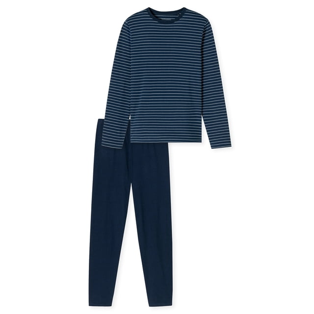 SCHIESSER Pijama de hombre, largo - Casual Essentials, algodón, cuello redondo Azul oscuro L (Large)