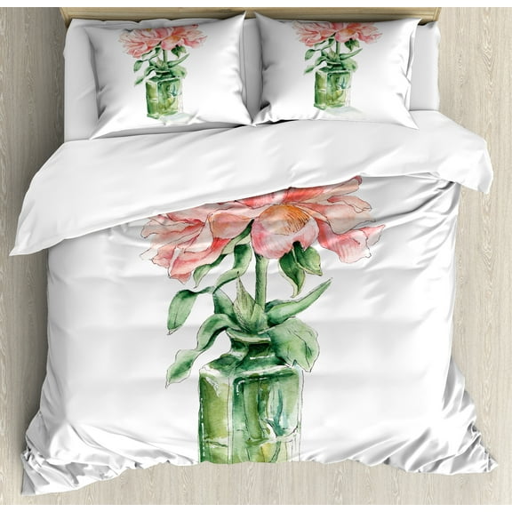 Floral Duvet Cover Set, Watercolor Paint Rose Flower in Vase Drawing Print, Decorative 3 Piece Bedding Set with 2 Pillow Shams, King Size, Pink Hunter Green, by Ambesonne