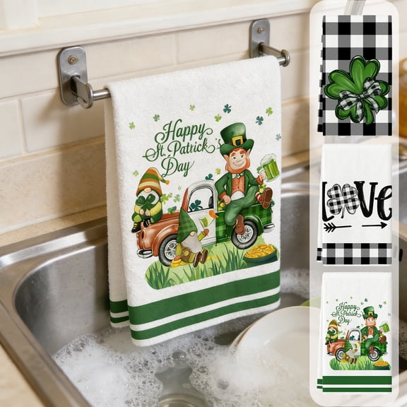 St. Patrick's Day Kitchen Hand Towel – 15.8x23.6 Inch Plaid Polka Green Dwarf Hat Design Dish Drying Towel with Hanging Loop, Absorbent Cleaning Cloth for Cooking, Washing, or Bathroom Use