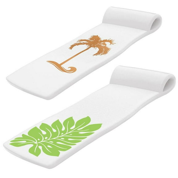 TRC Recreation Sunsation 1.75" Foam Pool Float Lounger w/ Headrest, 2 Pc, White w/ Palm & Leaf Print