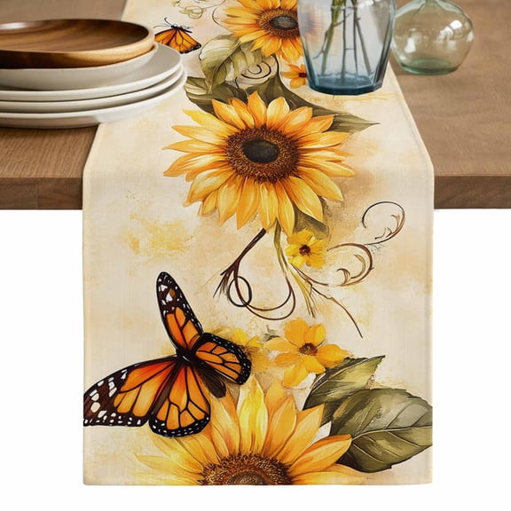 Sunflower Table Runner, Butterfly Spring Floral Retro Washable Cotton Linen Table Runners 90 Inches Long, Dresser Scarf Runner for Dining/Coffee/Kitchen/Hallway Tables 13''x90''
