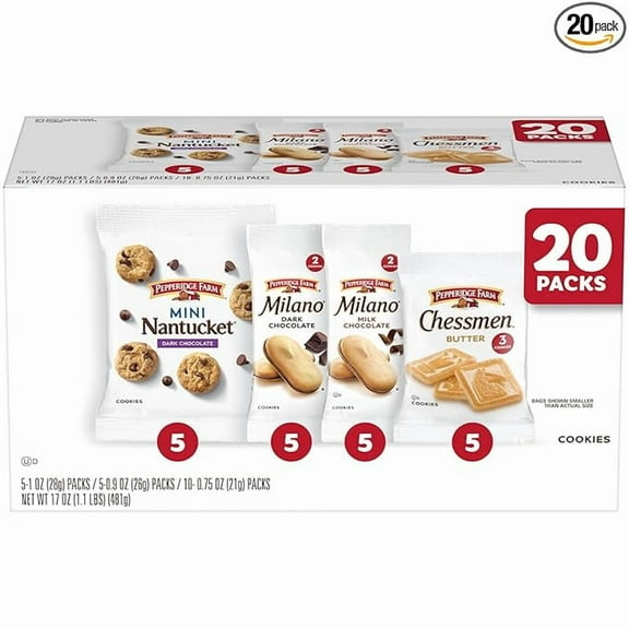 1x Pepperidge Farm Cookies Variety Pack, Snack Packs, 20 Pk