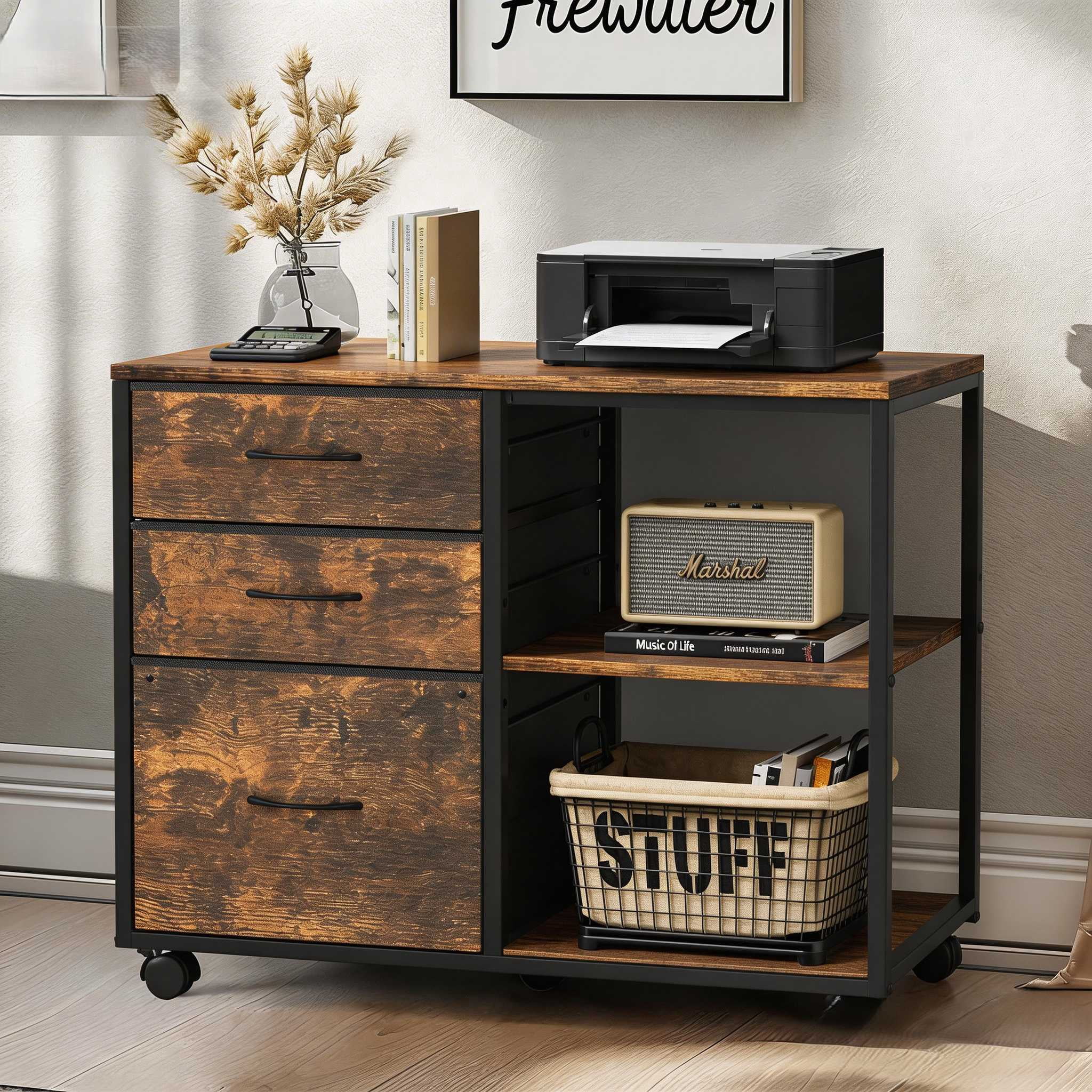 Ktaxon Rolling File Cabinet Under Desk Printer Stand with Shelves Adjustable, Mobile Lateral Filing Cabinet for Home Office, Fits Letter for Home Office, Brown