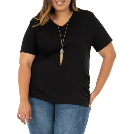 Shirred Knot - Women's Plus Size Short Sleeve Shirred Side V-Neck T-shirt